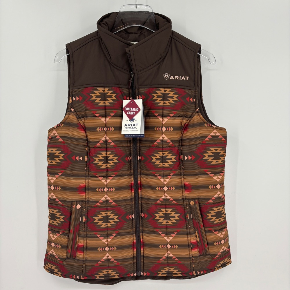 Ariat Vest Women Large Brown Southwestern Concealed Carry Quilted REAL Puffer